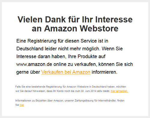 Mitteilung von Amazon zur Einstellung von Webstore